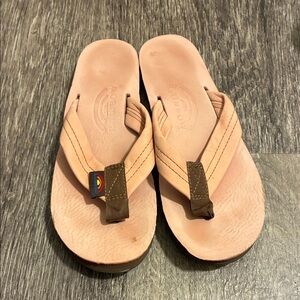 Rainbow Pink Leather Thong Sandals with Brown Fabric Straps